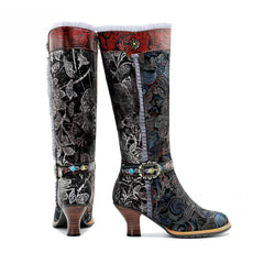 Socofy Genuine Leather Vintage Boots Warm Lace Side Heeled Boots