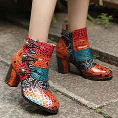 Socofy Genuine Leather Women Shoes Zip Round Toe Sewing High Heel Ankle Boots