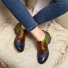 Socofy New Spring Genuine Leather Round Toe Lace-up Mixed Colors Ethnic Casual Sewing Pumps