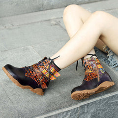 Socofy Vicconfy Leather Handmade Color Rubbed Printed Belt Buckle Flat Women's Boots