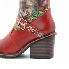 Socofy Vicconfy Handmade Color Rubbed Leather Printed Belt Buckle Chunky Heel Women's Boots