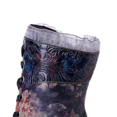 Socofy Winter Retro Lace Print Heeled Boots