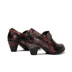 Socofy Ethnic style thick heel retro shoes pumps