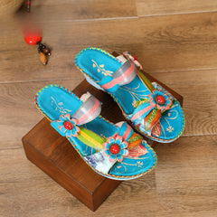 Socofy summer fashionable flower women's shoes ethnic style retro casual leather wedge slippers