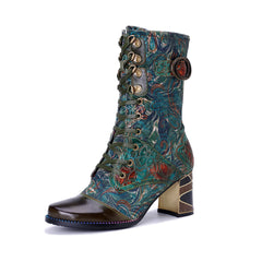Socofy Winter Retro Painted Chunky Heel Boots