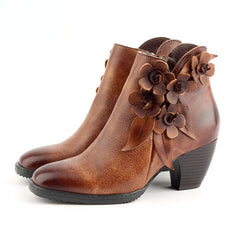 Socofy Genuine Leather Handmade Square Toe Vintage Handmade Flower Boots Woman