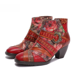 Socofy Retro leather stitching high ethnic style flower women's boots