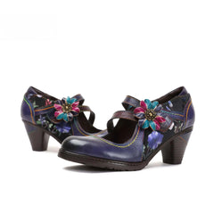 Socofy Vicconfy Colorful Stitching Painted Flower Spring Hook Loop Genuine Leather Spike Heels Round Toe Women Pumps