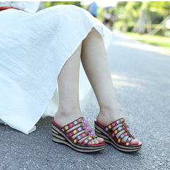 Socofy Summer Leather Vintage Flower Slope Heel Sandals Slippers