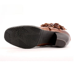 Socofy Genuine Leather Handmade Square Toe Vintage Handmade Flower Boots Woman