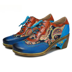 Socofy Vintage Handmade Bohemian Brogue Printed Heels Shoes