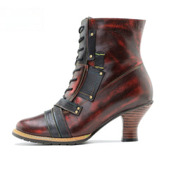 Socofy Leather Vintage Boots High Heeled Boots