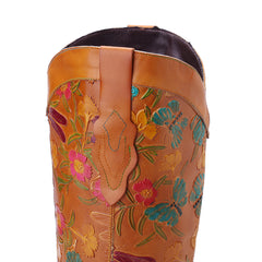 Socofy Winter Vintage Leather Floral Boots