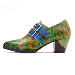 Socofy genuine leather green printed pastoral style retro thick heel women's high heels