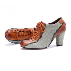 Socofy Genuine Leather Retro Fashion Lace Up Heels pumps