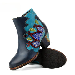 Socofy Vicconfy Retro Pattern Leather Zipper Ankle Boots