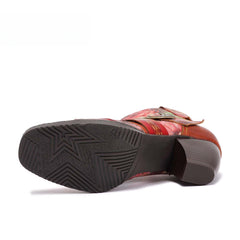 Socofy Retro leather stitching high ethnic style flower women's boots