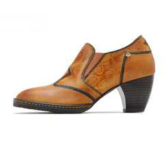 Socofy genuine leather retro style women's thick heel high heels