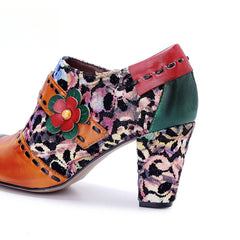 Socofy Genuine Leather Vintage Floral Chunky Heeled Women Pumps