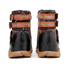 Socofy Vicconfy Leather Handmade Color Rubbed Printed Belt Buckle Flat Women's Boots