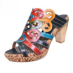 Socofy summer ethnic style leather women's shoes high heels handmade slippers