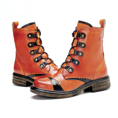 Socofy Vicconfy Leather Handmade Color Clash Retro Fashion Martin Boots Women's Boots