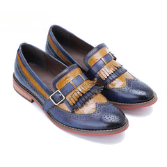 Socofy Genuine Leather Women's Retro Colorblocking Tassel Flat Comfort Loafers