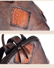 Socofy Handmade Retro Embossed Floral Backpack For Women Genuine Cowhide Leather Fashion Women Bag Solid Color Muti-function Backpacks