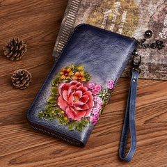 Socofy Retro Women Wallet Genuine Leather Long Zipper Purse Vintage Handmade Embossed Clutch Card Holder