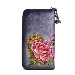 Socofy Retro Women Wallet Genuine Leather Long Zipper Purse Vintage Handmade Embossed Clutch Card Holder