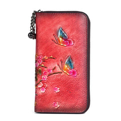 Socofy Retro Women Wallet Genuine Leather Long Zipper Purse Vintage Handmade Embossed Clutch Card Holder