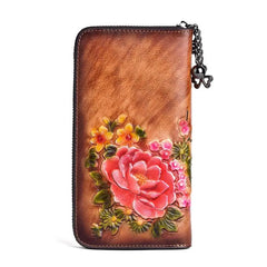 Socofy Retro Women Wallet Genuine Leather Long Zipper Purse Vintage Handmade Embossed Clutch Card Holder