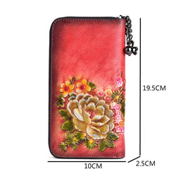 Socofy Retro Women Wallet Genuine Leather Long Zipper Purse Vintage Handmade Embossed Clutch Card Holder