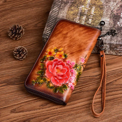 Socofy Retro Women Wallet Genuine Leather Long Zipper Purse Vintage Handmade Embossed Clutch Card Holder