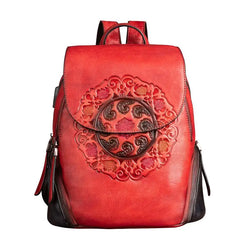 Socofy Genuine Leather Handmade Embossed Vintage Women Backpacks