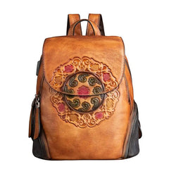 Socofy Genuine Leather Handmade Embossed Vintage Women Backpacks