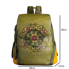 Socofy Genuine Leather Handmade Embossed Vintage Women Backpacks