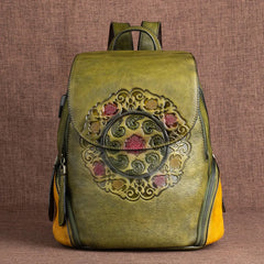 Socofy Genuine Leather Handmade Embossed Vintage Women Backpacks
