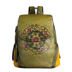 Socofy Genuine Leather Handmade Embossed Vintage Women Backpacks