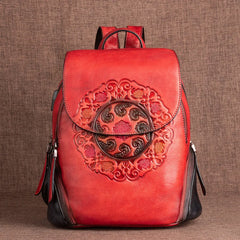 Socofy Genuine Leather Handmade Embossed Vintage Women Backpacks