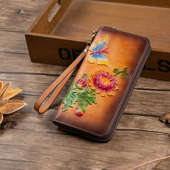 Socofy Women's Retro Wallet Genuine Leather Vintage Purse Women Chinese Style Embossed Card Holder Ladies