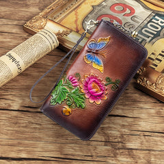 Socofy Women's Retro Wallet Genuine Leather Vintage Purse Women Chinese Style Embossed Card Holder Ladies