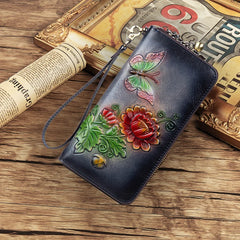 Socofy Women's Retro Wallet Genuine Leather Vintage Purse Women Chinese Style Embossed Card Holder Ladies