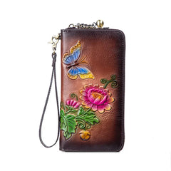 Socofy Women's Retro Wallet Genuine Leather Vintage Purse Women Chinese Style Embossed Card Holder Ladies
