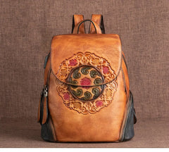 Socofy Genuine Leather Handmade Embossed Vintage Women Backpacks