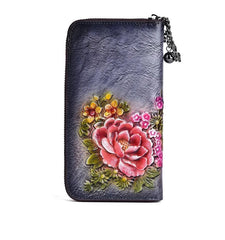 Socofy Retro Women Wallet Genuine Leather Long Zipper Purse Vintage Handmade Embossed Clutch Card Holder