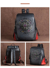 Socofy Genuine Leather Handmade Embossed Vintage Women Backpacks
