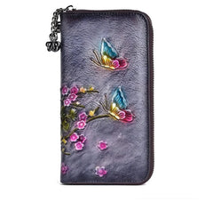 Socofy Retro Women Wallet Genuine Leather Long Zipper Purse Vintage Handmade Embossed Clutch Card Holder