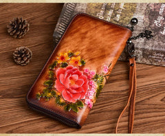 Socofy Retro Women Wallet Genuine Leather Long Zipper Purse Vintage Handmade Embossed Clutch Card Holder