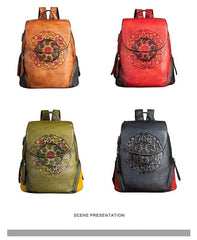 Socofy Genuine Leather Handmade Embossed Vintage Women Backpacks